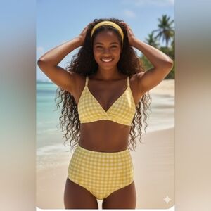 Retro Yellow Rockabilly 70s Pinup Yellow Gingham High Waist Bikini Large New